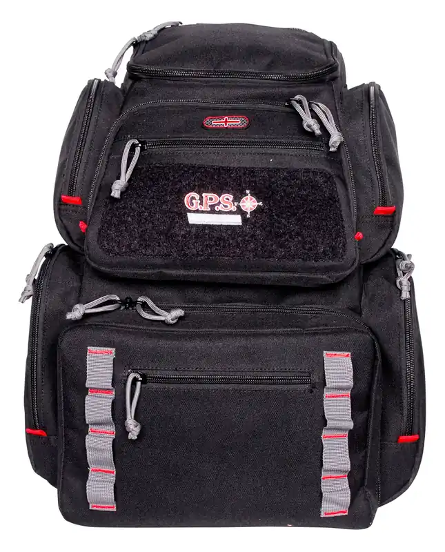 G*Outdoors Pistolero Backpack Black with Gray Accents, 5 Handgun Storage Cases, Accessory Pockets, Visual ID Storage System, Waterproof Pullout Cover, Internal Frame & MOLLE Webbing System