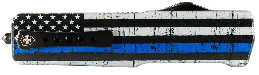 Templar Knife Premium Lightweight Large 3.50" OTF Tanto Part Serrated Black Oxide Stonewashed Powdered D2 Steel Blade 5.25" Black & White w/Blue Line Anodized Aluminum Handle