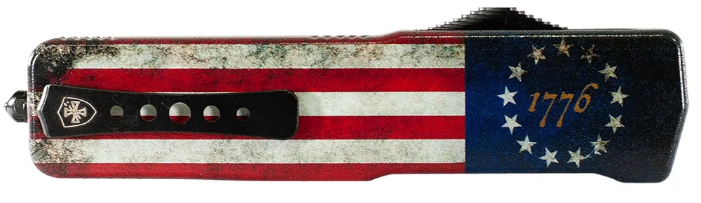 Templar Knife Premium Weighted Large 3.55" OTF Tanto Plain Black Oxide Stonewashed Powdered D2 Steel Blade/5.25" Betsy Ross Flag Aluminum Zinc Alloy Handle