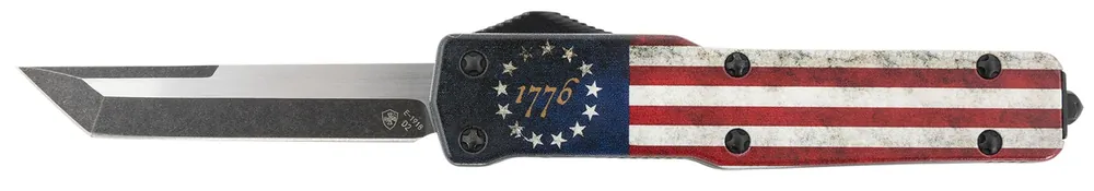 Templar Knife Premium Weighted Slim 3.16" OTF Tanto Plain Black Oxide Stonewashed Powdered D2 Steel Blade/4.93" Betsy Ross Flag Aluminum Zinc Alloy Handle