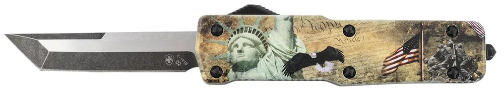 Templar Knife Premium Weighted Small 3" OTF Tanto Plain Black Oxide Stonewashed Powdered D2 Steel Blade/ 4.50" Gold w/Statue of Liberty/Flag/Eagle Aluminum Zinc Alloy Handle