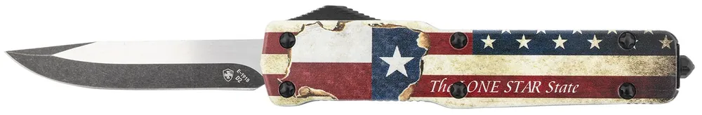 Templar Knife Premium Weighted Slim 3.16" OTF Drop Point Plain Black Oxide Stonewashed Powdered D2 Steel Blade/4.93" Red/White/Blue w/"The LONE STAR State" Aluminum Zinc Alloy Handle