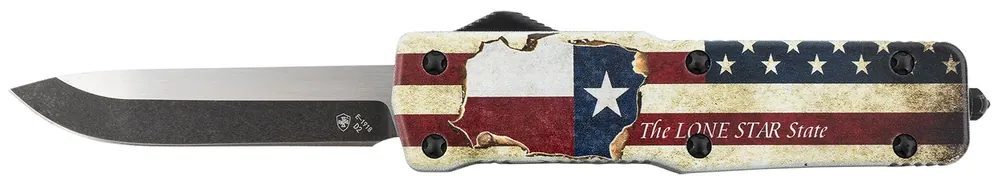 Templar Knife Premium Weighted Small 3" OTF Drop Point Plain Black Oxide Stonewashed Powdered D2 Steel Blade/4.50" Red/White/Blue w/"The LONE STAR State" Aluminum Zinc Alloy Handle