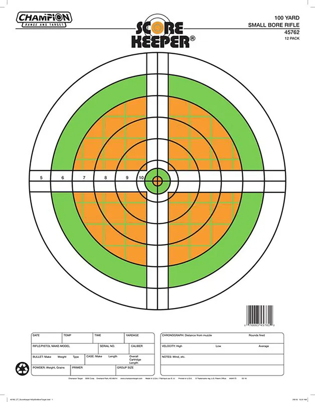 Champion Targets Score Keeper Sight-In Bullseye Paper Hanging 100 yds Small Bore Rifle Fluorescent Green & Orange/White 12 PK