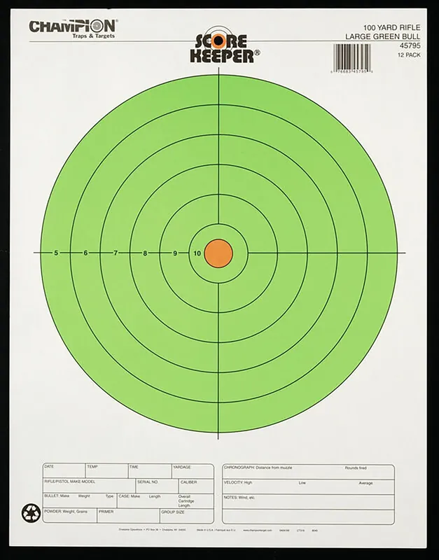 Score Keeper Bullseye Paper Hanging 100 yds Rifle Large Fluorescent Green & Orange 12 PK
