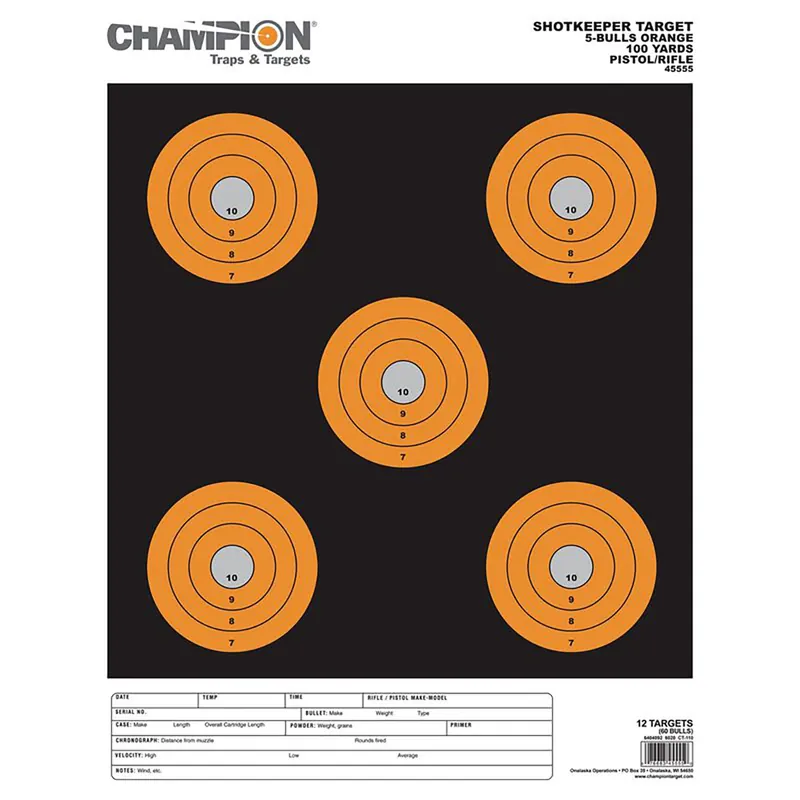 Champion Targets Shotkeeper 5" Bullseye Paper 100 yds Pistol/Rifle Large Black/Orange 12 PK