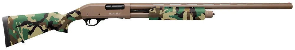 Charles Daly 12 Gauge 28" Barrel, 3" Chamber, 4+1 Capacity, Flat Dark Earth Metal Finish & Woodland Camo Synthetic Stock Right Hand (Full Size)