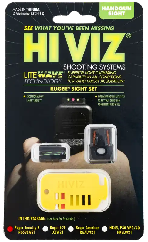 HiViz LiteWave Green, Red, Black, White LitePipe Fiber Optic Front & Rear Set for Ruger Security-9