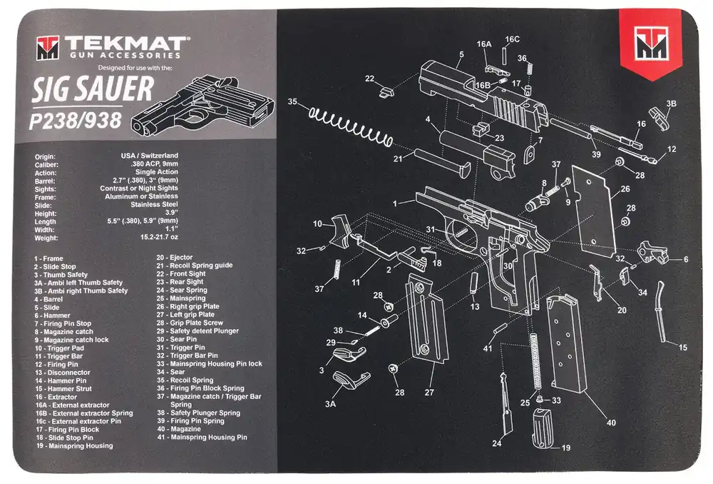 TekMat Black/Gray Rubber 17 Long 11" x 17" Sig P238 Parts Diagram Illustration"