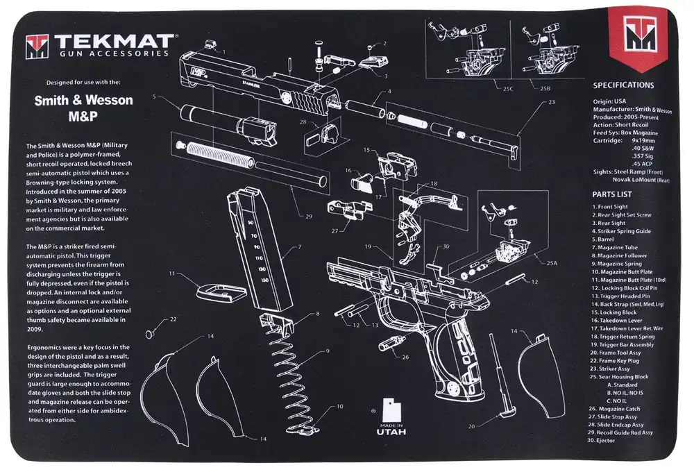 TekMat Black/Gray Rubber 17 Long 11" x 17" S&W M&P Parts Diagram Illustration"