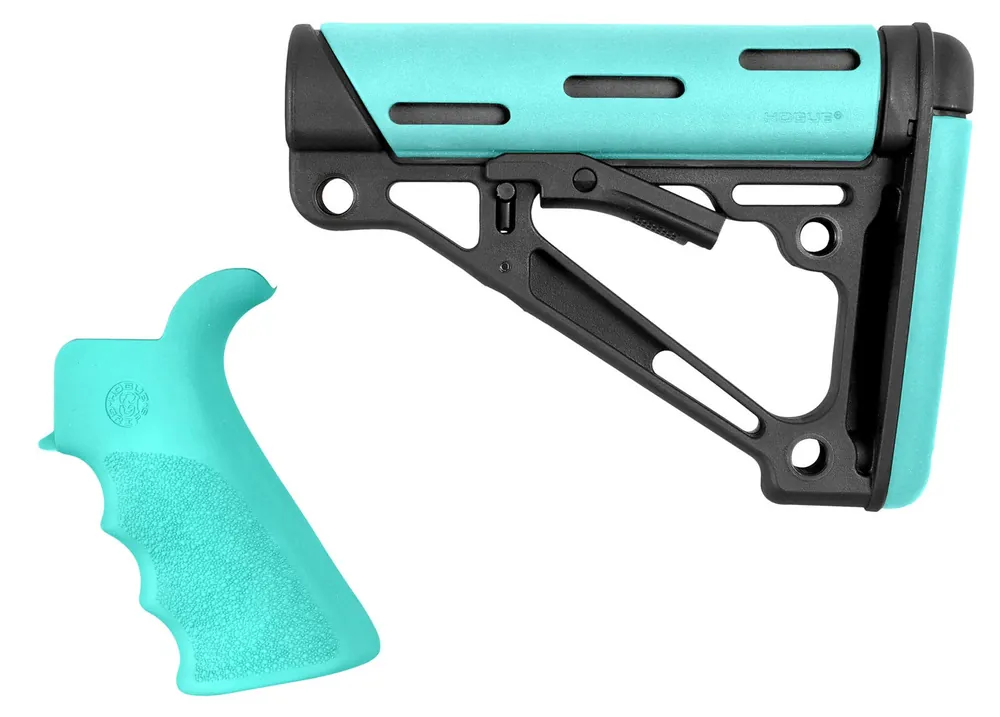 Hogue OverMolded 2-Piece Kit Collapsible Aqua OverMolded Rubber Black & Aqua Rubber Grip for AR15, M16 with Commercial Tube (Tube Not Included)