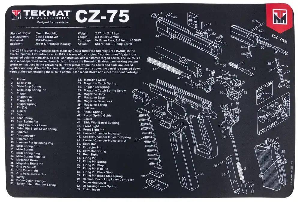TekMat CZ 75 Original Mat Black/White Rubber 17 Long 11" x 17" CZ-75 Parts Diagram Illustration"