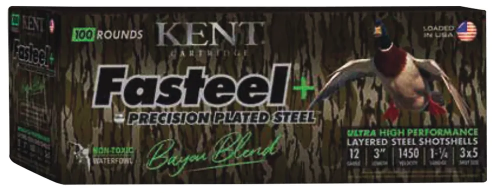 Kent Cartridge Fasteel + Precision Steel Bayou Blend 12 Gauge 3" Shotshells 1-1/4oz Layered Steel Shot 1450 fps 200 Shells