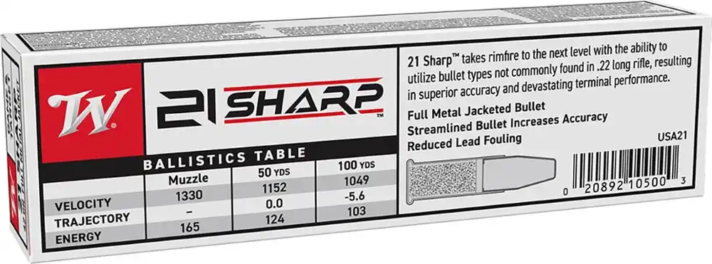 Winchester USA White Box Game & Target .21 Sharp Ammo 37 gr. FMJ 100 Rounds USA21