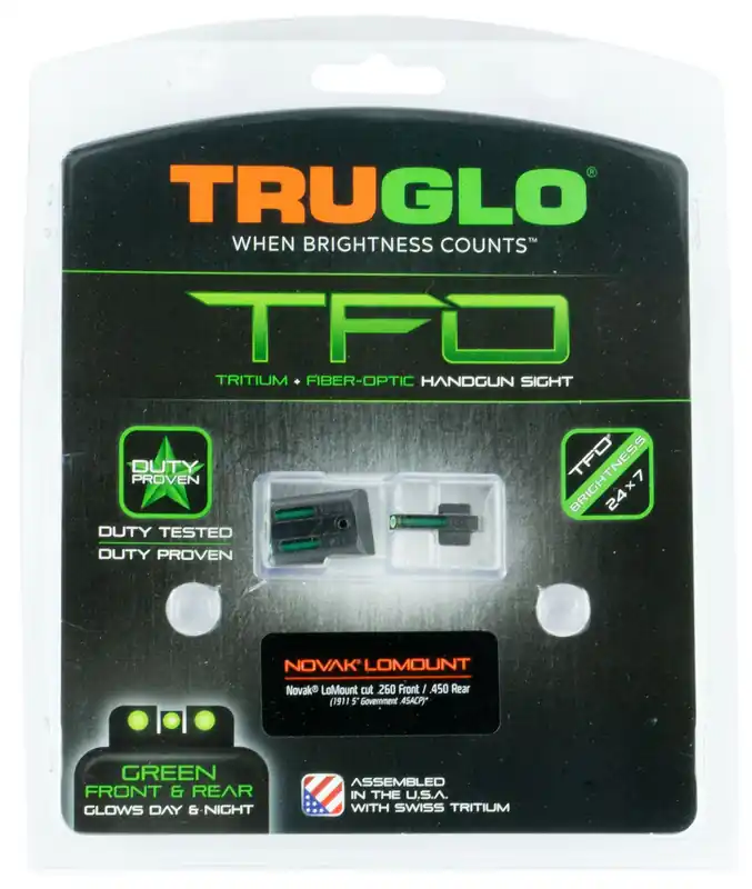 TruGlo TFO Square Tritium/Fiber Optic Green Front/U-Notch Green Rear with Nitride Fortress Finished Frame for 1911 with Novak 270 Front, 450 Rear