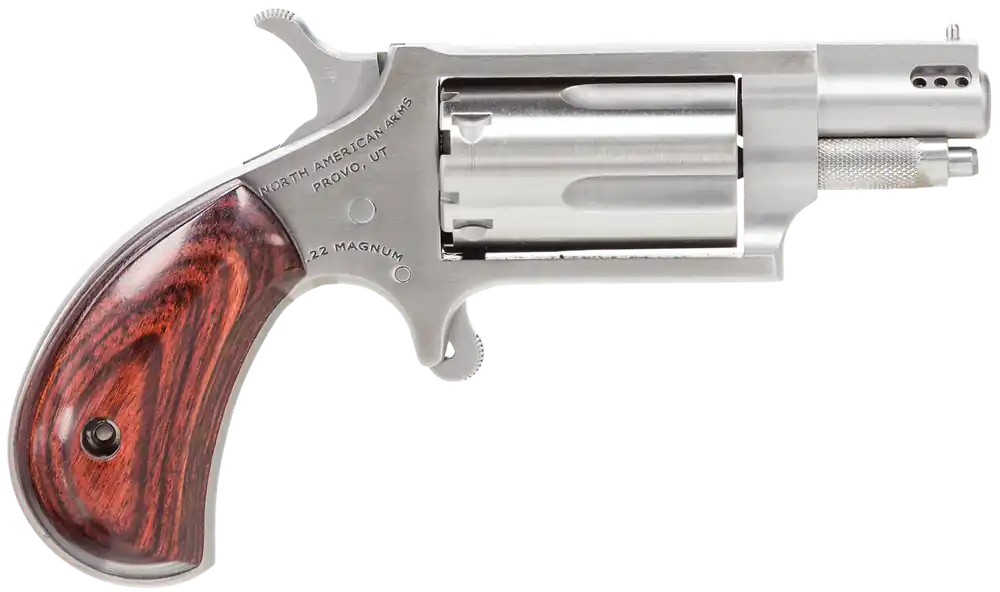 North American Arms NAA22MSP Mini-Revolver 22 WMR Caliber with 1.63" Ported Barrel, 5rd Capacity Cylinder, Overall Stainless Steel Finish & Rosewood Birdshead Grip
