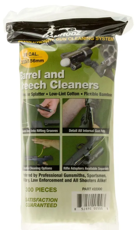 RamRodz Barrel & Breech Cleaning Swabs 22 Cal Rifle Firearm Cotton/Bamboo 8 Long 300 Per Bag"