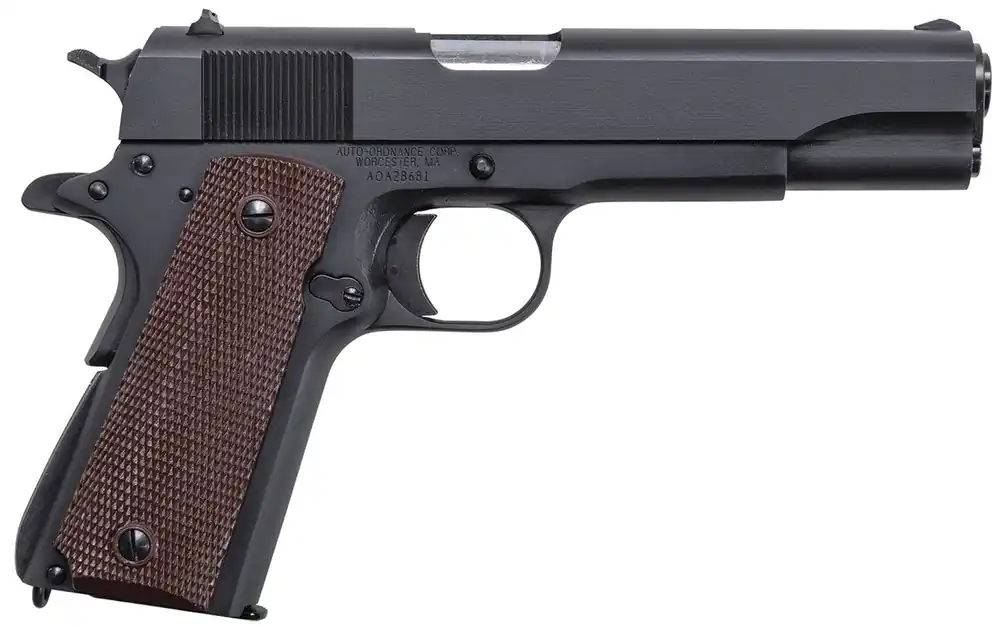 Auto-Ordnance 1911 45 ACP Caliber with 5" Barrel, 7+1 Capacity, Overall Matte Black Finish Carbon Steel, Serrated Slide & Checkered Brown Polymer Grip
