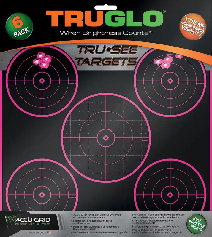 TruGlo Tru-See Self-Adhesive Heavy Paper Universal Black/Pink 5-Bullseye Includes Pasters 6 Pack