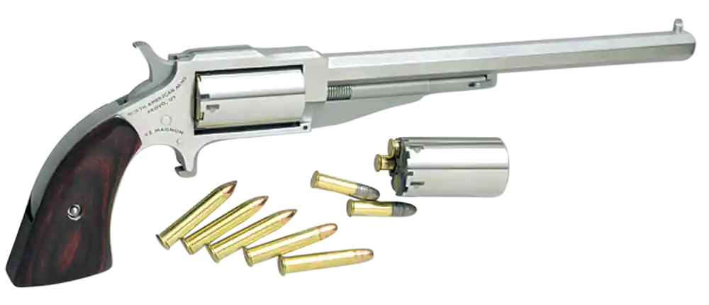 North American Arms 18606C 1860 Hogleg *CA Compliant 22 LR or 22 WMR Caliber with 6" Barrel, 5rd Capacity Cylinder, Overall Stainless Steel Finish & Rosewood Boot Grip Includes Cylinder