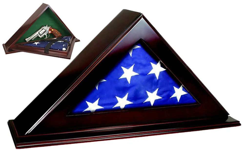 Peace Keeper Patriot Flag Case Key Entry Mahogany Stain Wood Holds 1 Handgun 22 W x 4.25" D x 11.50" H"