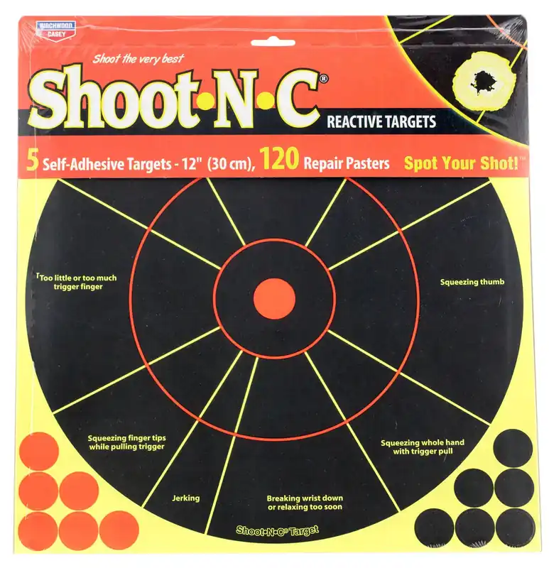 Birchwood Casey Shoot-N-C Handgun Trainer Self-Adhesive Paper Handgun Black/Yellow 12" Circle Includes Pasters 5 Pack