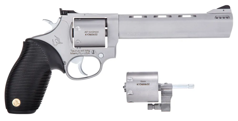 Taurus 9mm Luger, 38 Special +P or 357 Mag Caliber with 6.50" Vent Rib Barrel, 7rd Capacity Cylinder