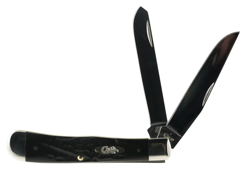 Case Trapper 3.25"/3.27" Folding Clip Point/Spey Plain Mirror Polished Tru-Sharp SS Blade Rough Black Jigged Synthetic Handle