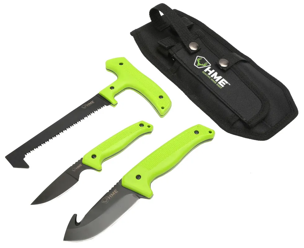 HME 3-Piece Field Kit Fixed 420HC Stainless Steel Black Oxide Thermoplastic Rubber Green 9.50" Gut Hook/8.75" Saw/7.50" Caper
