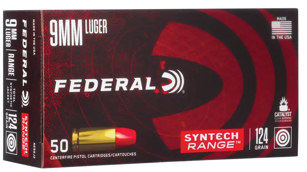 Federal American Eagle Syntech Range 9mm Luger Ammo 124gr Total Syntech Jacket Flat Nose 50 Rounds AE9SJ2