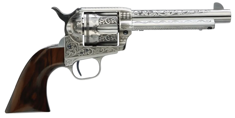Taylors & Co 1873 Cattleman 45 LC Revolver 5.50" 6+1 Overall White Engraved, Steel, Walnut Grip