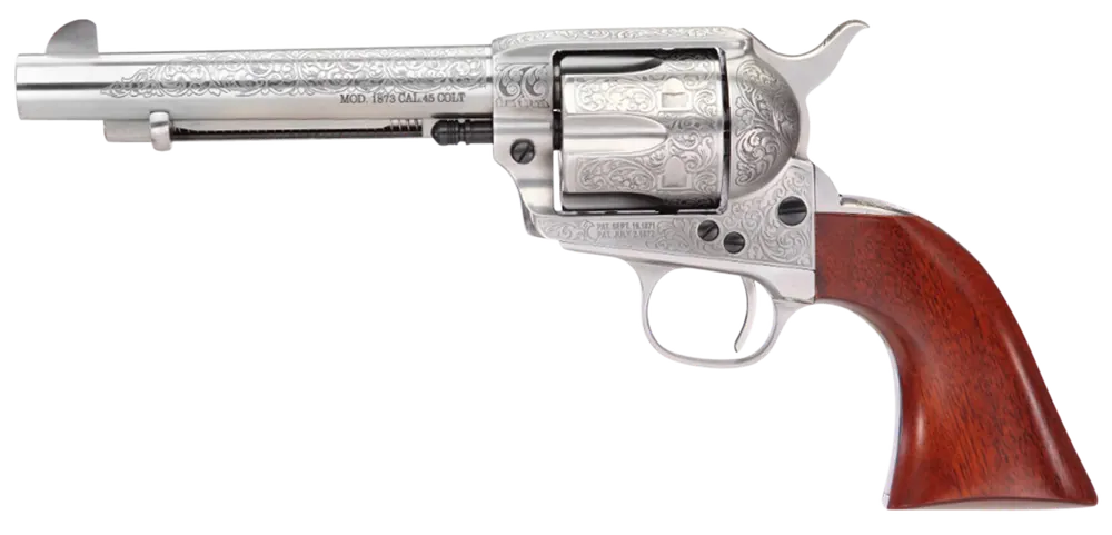 Taylors & Company 550929 1873 Cattleman 357 Mag Caliber with 5.50" Barrel, 6rd Capacity Cylinder, Overall White Floral Engraved Finish Steel & Walnut Grip
