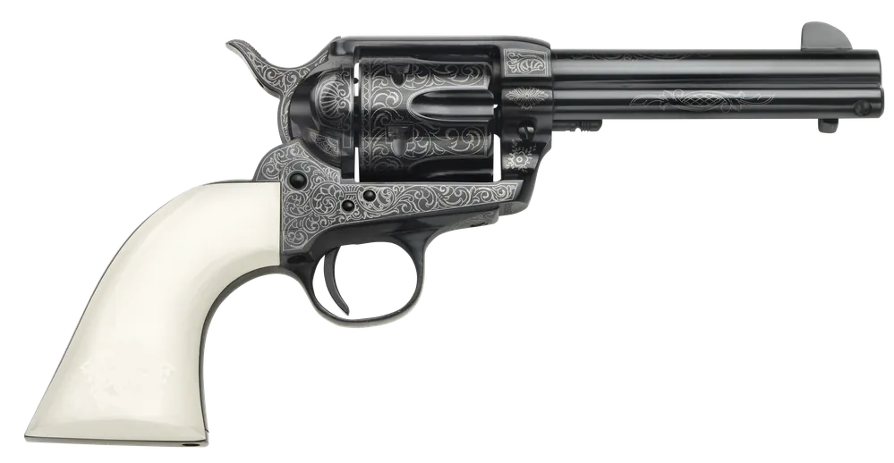 Taylors & Company 200059 1873 Cattleman Outlaw Legacy 357 Mag Caliber with 4.75" Barrel, 6rd Capacity Cylinder, Overall Blued Engraved Finish Steel & Ivory Synthetic Grip