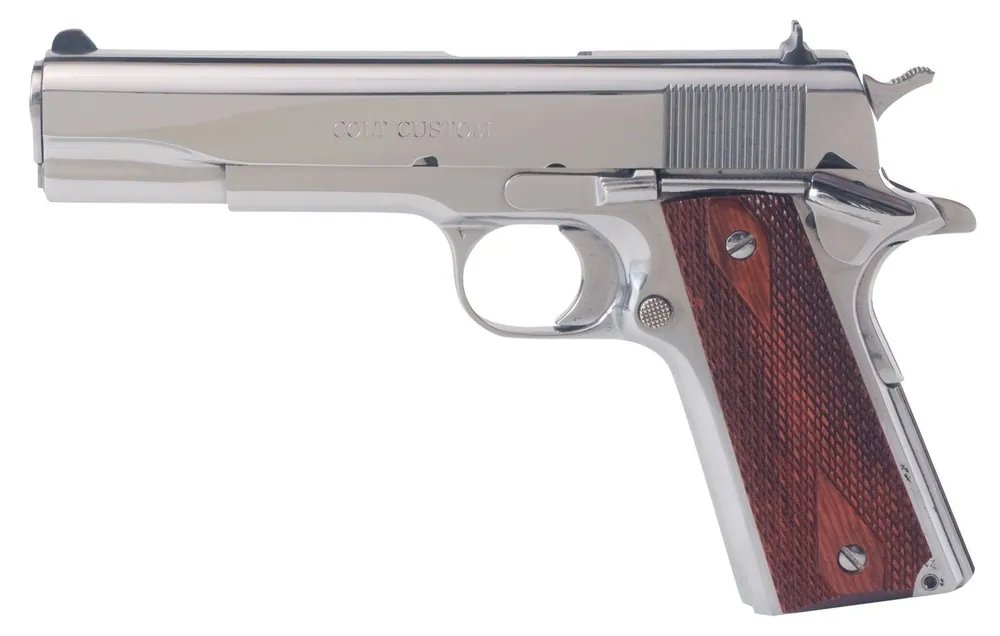 Colt 1911 Government .45ACP 7+1 5" NM Barrel Fixed Sights Grip/Thumb Safety Spur Hammer Wood Grips Polished SS SAO O1070BSTS