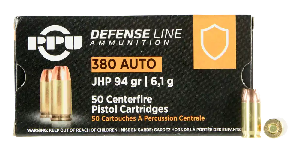 PPU Defense 380 ACP 94 gr Jacketed Hollow Point (JHP) 50 Bx/ 20 Cs