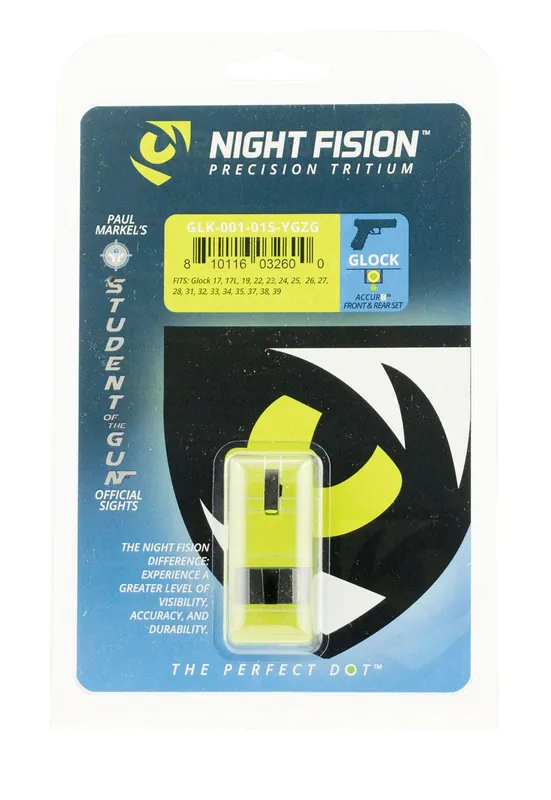 Night Fision Perfect Dot Student of the Gun Accur8 Set Square Tritium Green with Yellow Outline Front, Black Rear Black Frame for Most Glock