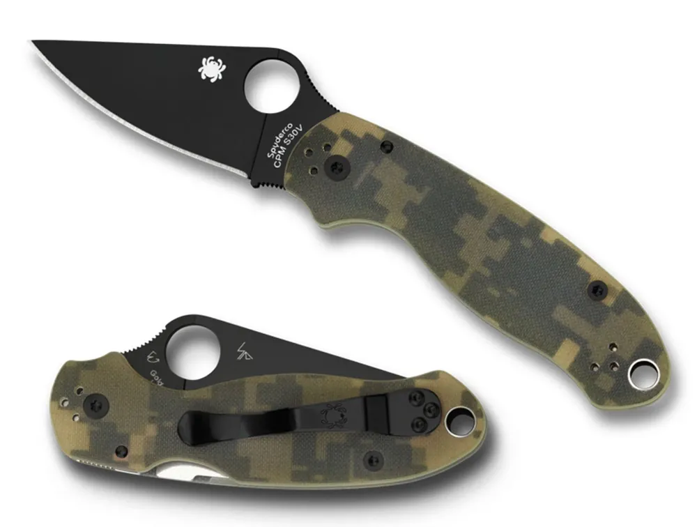 Spyderco Para 3 2.95" Folding Drop Point Plain Black DLC CPM S30V SS Blade Camo G10 Handle Includes Pocket Clip