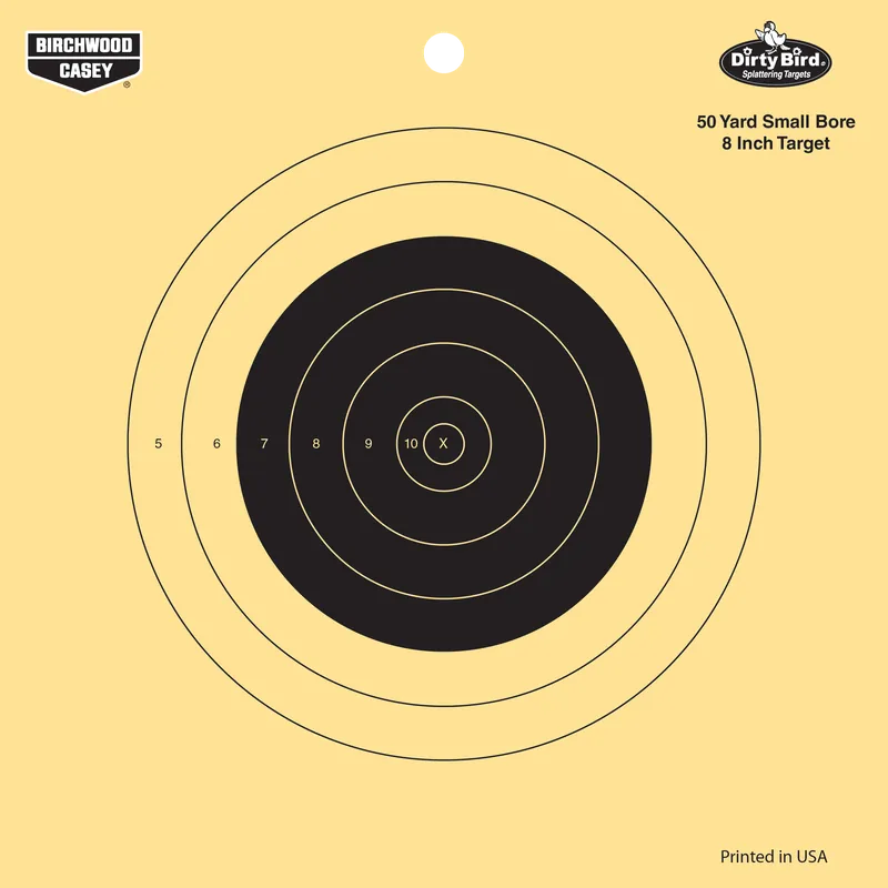 Birchwood Casey Dirty Bird 50yd Small Bore 8" Bullseye Tagboard Hanging 50 yds Small Bore Rifle Black/Yellow 25 Per Pkg