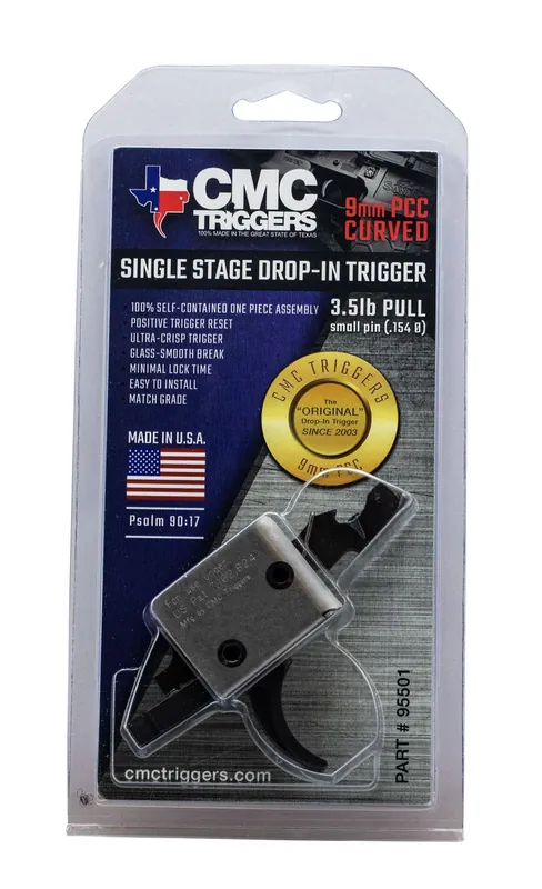 CMC Triggers Drop-In PCC Single-Stage Curved Trigger with 3-3.50 lbs Draw Weight & Black/Silver Finish for AR-15/AR-10