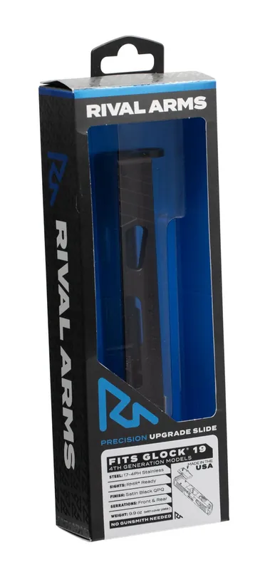 Rival Arms Precision Slide A1 QPQ Black 17-4 Stainless Steel with Front/Rear Serrations & RMR Optic Cut for 9mm Luger Glock 19 Gen4