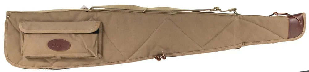 Alaskan Shotgun Case made of Waxed Canvas with khaki Finish, Quilted Flannel Lining, Brass Hardware & Heavy-Duty Web Sling & Spine 48 L"