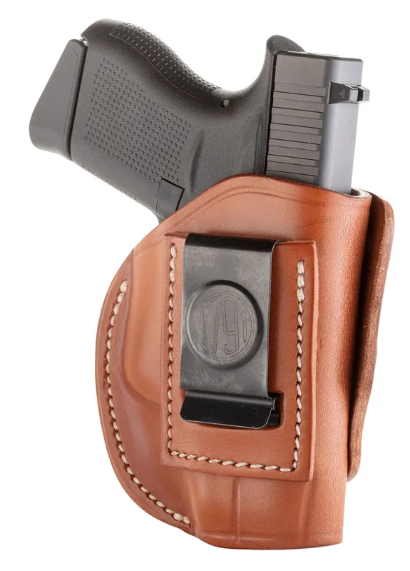 1791 Gunleather 4 Way IWB/OWB Classic Brown Leather Fits Glock 42/43; Kel-Tech 380/P11; Ruger LCP; S&W Bodyguard; Sig P365 Belt Clip Mount RH