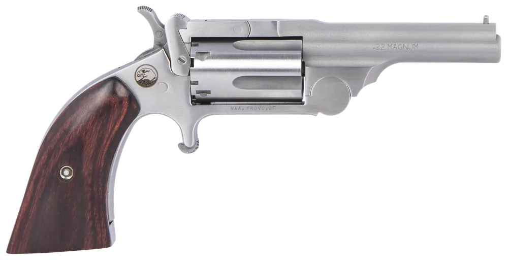 North American Arms 22MCR250 Ranger II 22 LR or 22 WMR Caliber with 2.50" Barrel, 5rd Capacity Cylinder, Overall Stainless Steel Finish & Rosewood Boot Grip Includes Cylinder
