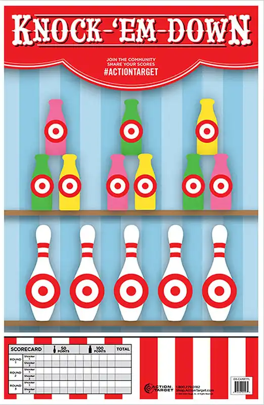 Action Target Knock-‘Em Down Knock-‘Em-Down Bottles/Pins Paper Hanging 23" x 35" Multi-Color 100 Per Box