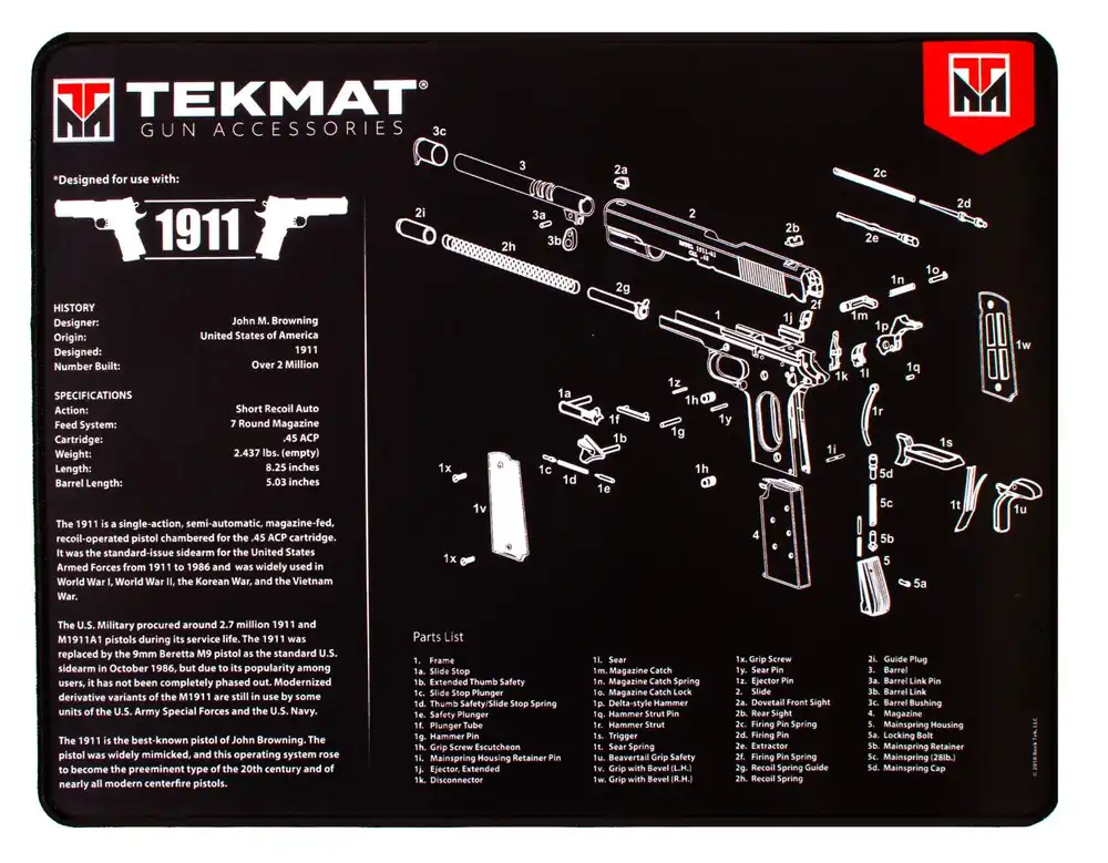 TekMat 1911 Ultra Cleaning Mat Black/White Rubber 20 Long 1911 Parts Diagram"