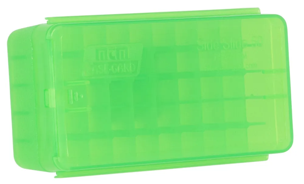MTM Case-Gard Side Slide Ammo Box Multi-Caliber Handgun Clear Green Plastic 50rd