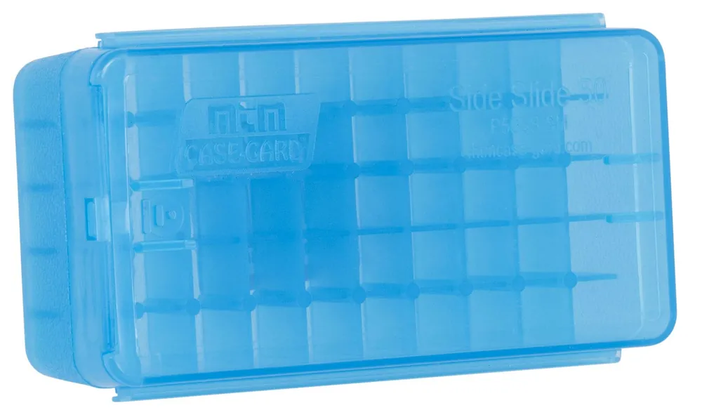 MTM Case-Gard Side Slide Ammo Box Multi-Caliber Handgun Clear Blue Plastic 50rd