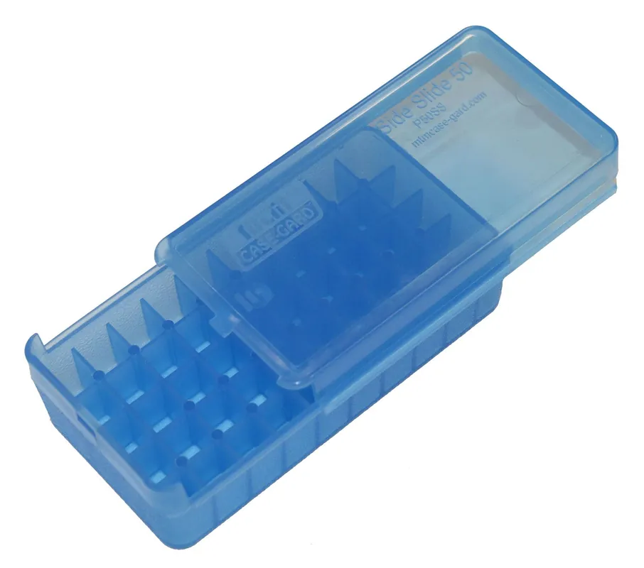 MTM Case-Gard Pistol Side-Slide Ammo Box Pistol Multi-Caliber Handgun Clear Blue Plastic 50rd