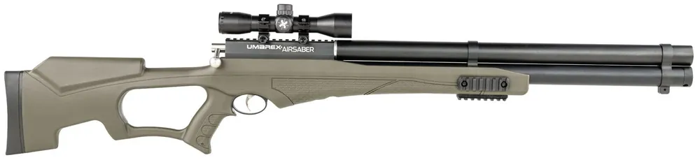Umarex USA Air Saber Combo PCP Umarex Straight Flight Technology Arrows 1rd Black Green Fixed Thumbhole Stock Axeon Optics 4x32mm