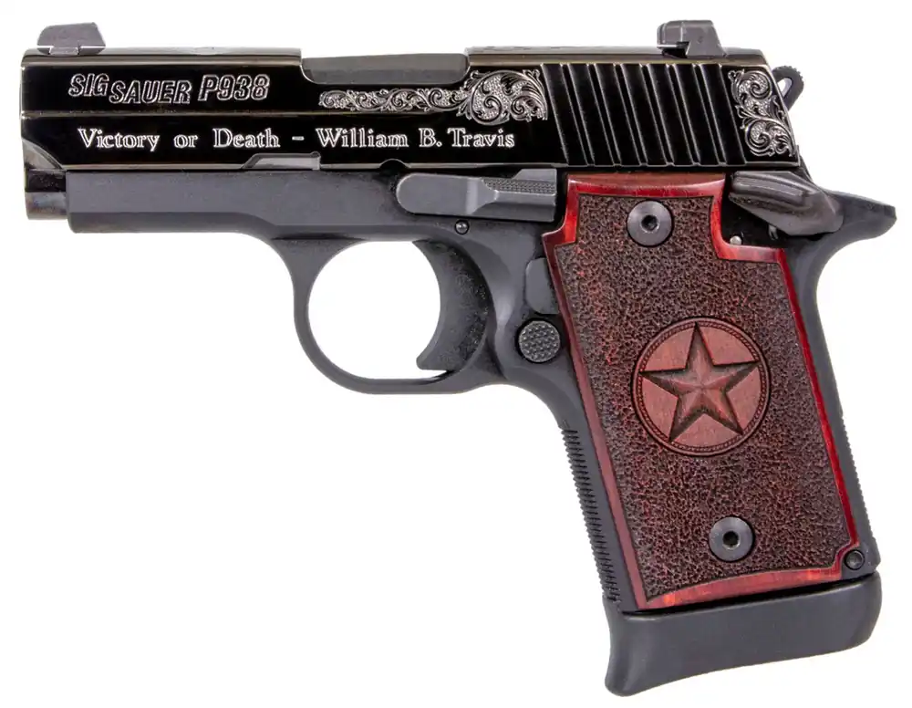 Sig Sauer P938 Texas Engraved 9mm Luger Pistol 3" Black/Redwood Grip 9389TXSAMBI